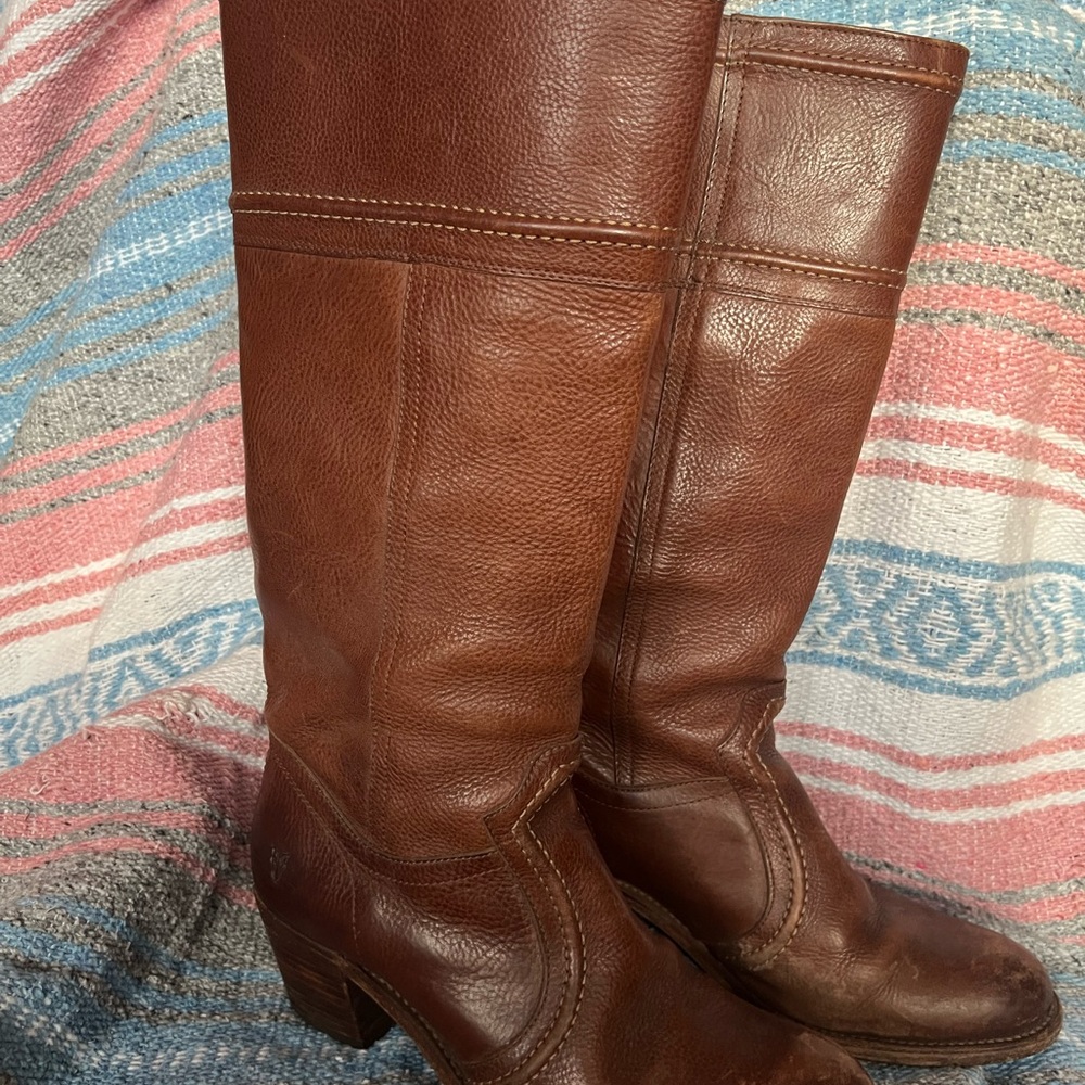 Frye Cognac Brown Leather Heeled Boots 14" Shaft - Picture 13 of 13
